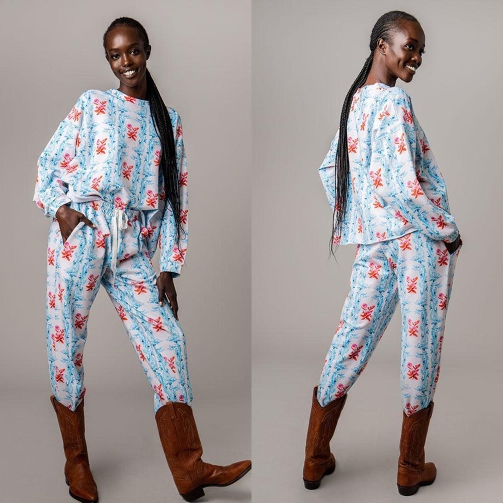 RACHEL ANTONOFF Floral Block Print French Terry High Rise Straight Leg Pants XS